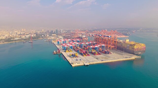 Mersin Industrial Harbor in Light Fog: 4K Drone Footage of the Shipping Port