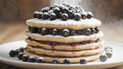 Delicious Stack of Blueberry Pancakes with Powdered Sugar Falling on Top.