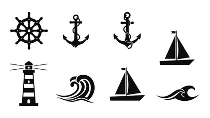 Nautical elements a ship s wheel anchors lighthouse waves and sailboats © msunny93