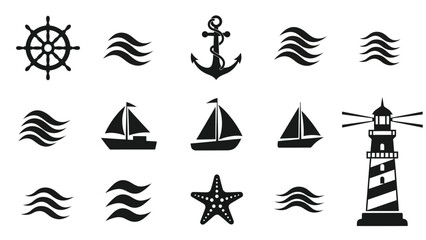 Nautical elements ship wheel anchor waves sailboats and lighthouse illustration