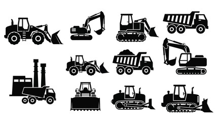 Collection of construction vehicles and machinery in a simple black and white style © msunny93
