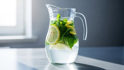Clear glass pitcher filled with water, lemon slices, and fresh mint leaves