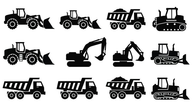 Collection of heavy construction machinery icons in black and white silhouette style