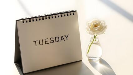 A serene, bright, high-key shot features a minimalist desk calendar marking "tuesday" next to a single white rose, casting soft shadows on the clean white desk surface.
