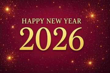 Happy new year 2026 greeting with elegant gold typography on deep red background and sparkling fireworks, festive holiday design concept for global marketing campaigns, seasonal promotions and corpora