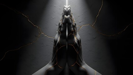 Two stylized hands pressed together in a devotional prayer gesture, featuring cracked kintsugi-like golden veins, illuminated by a dramatic, high-contrast spotlight against a dark, 