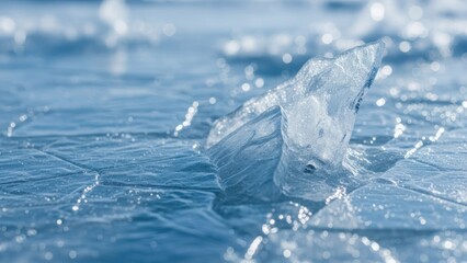 Close-up of a broken piece of translucent ice on a frozen, cracked surface