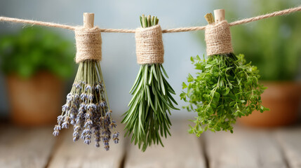 Hanging herb bundles with copy space for natural decor or culinary use