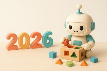 Cute robot toy sorting colorful shapes beside 2026 numbers in calm studio setting, soft pastel 3d illustration expressing education and early learning for children, ideal for marketing visuals