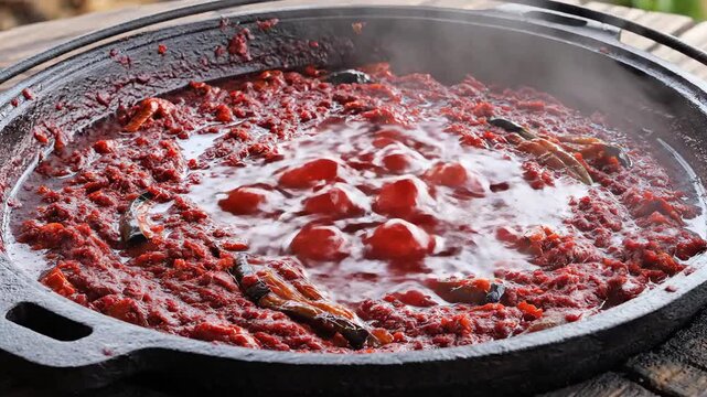 Delicious Stew Simmering in a Large Cast Iron Pan Outdoors.