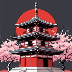 Japanese pagoda vector illustration with bright colors