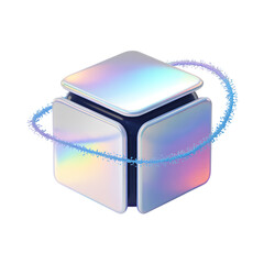 3D Holographic Cube with Swirling Energy Ring and Rainbow Sheen abstract geometric