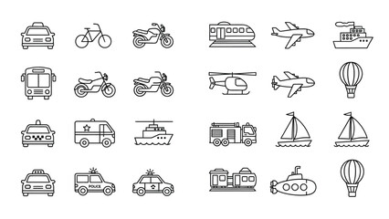 Variety of transportation icons cars motorcycles boats planes and other vehicles