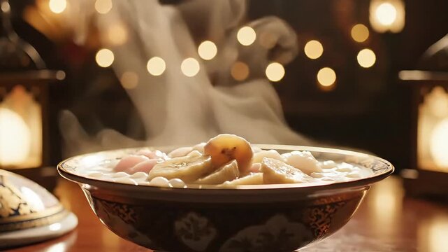 Steaming bowl of traditional iftar meal with dates and soup on a wooden table with lanterns in a warm and cozy atmosphere during ramadan fasting month.