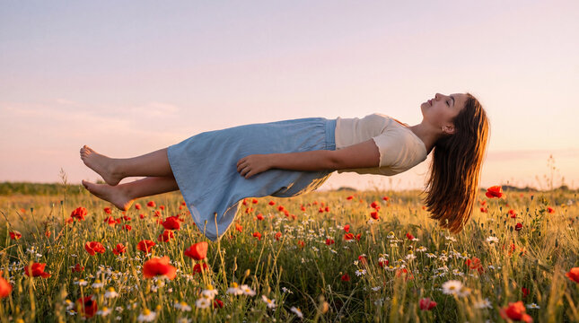 Teenage girl drifting peacefully above wildflowers at sunset