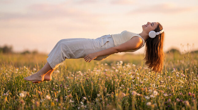 Teenage girl suspended in a summer meadow, absorbed in music