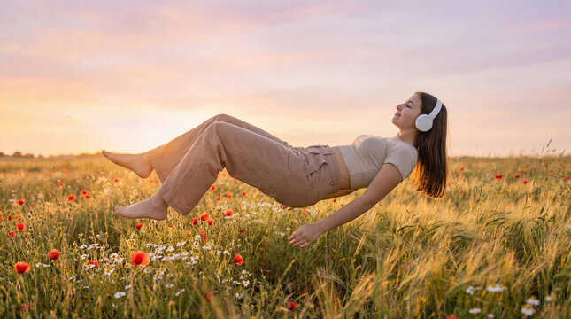 Teenage girl levitating in wildflower field while listening to music at sunset