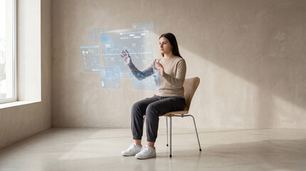 Teenage girl interacting with futuristic holographic interfaces in a minimalist room
