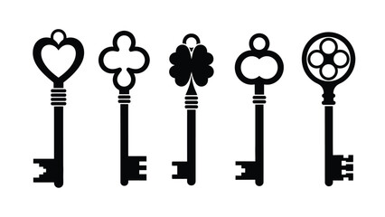 A collection of ornate black keys with different symbolic head designs © msunny93