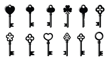 An assortment of decorative black silhouette keys and floral key designs © msunny93
