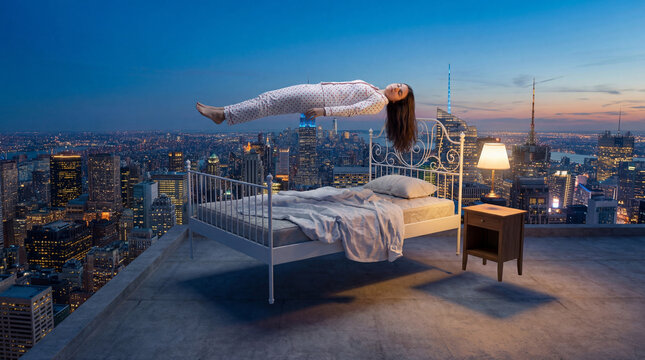 A teenage girl levitating above her bed between city lights and sleep on a rooftop