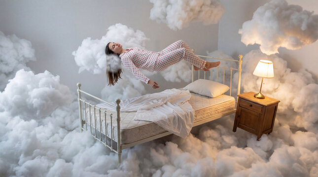Levitation during sleep as a teenage girl floats above her bed in a dreamlike room