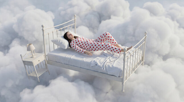 Peaceful sleep as a teenage girl rests on a floating bed among clouds