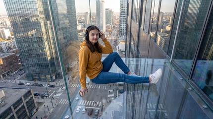 Above city streets, an adolescent listening to music on a glass platform