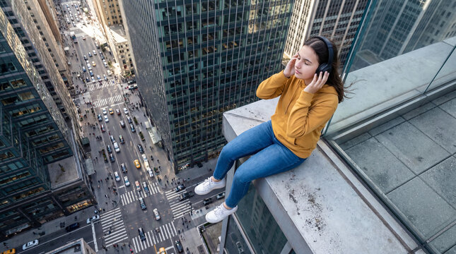 City traffic below as a teenager listens to music from a skyscraper edge