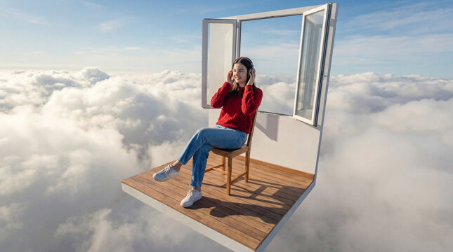 Listening to music through headphones, a teenage girl sitting by an open window above clouds