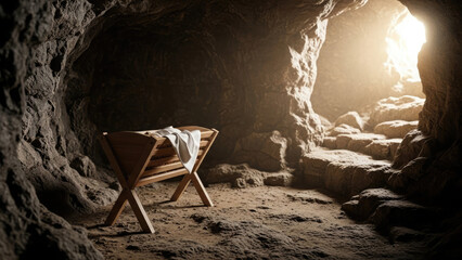 Empty wooden crib in a cave with sunlight streaming in