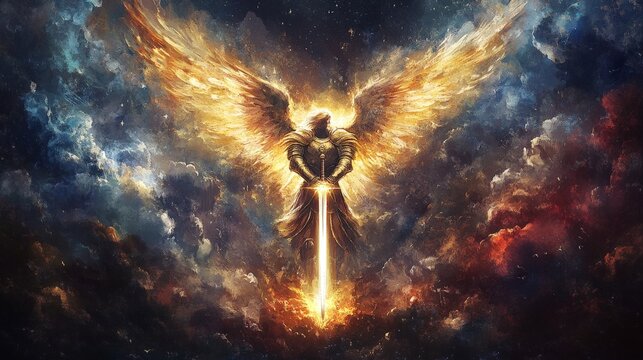 A painting of a golden angel with a sword in its hand. The painting is of a dark sky with clouds and stars - Powered by Adobe