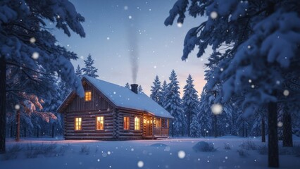 Fototapeta premium Cozy log cabin glowing warmly amidst a snow-laden, pine-forested winter landscape