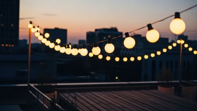 Cozy rooftop patio with glowing string lights at dusk, urban backdrop