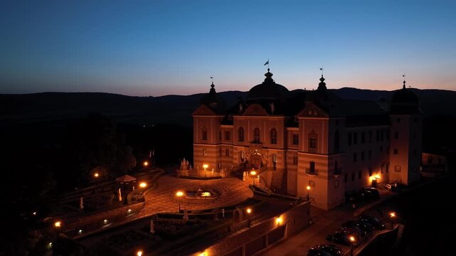 Aerial night view of Halic Castle in the village of Halic in Slovakia