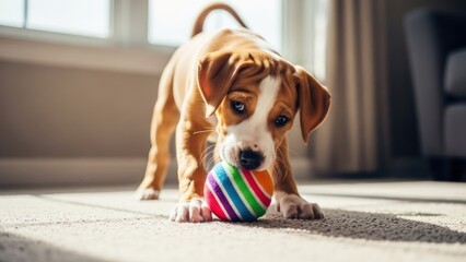 Curious puppy gnawing on a colorful striped ball indoors