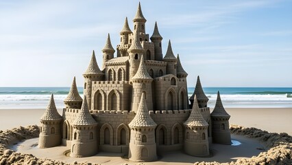 Elaborate Detailed Sandcastle on a Sandy Beach with Ocean and Blue Sky