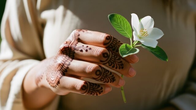 Delicate hand with intricate henna adornment holds a single white blossom