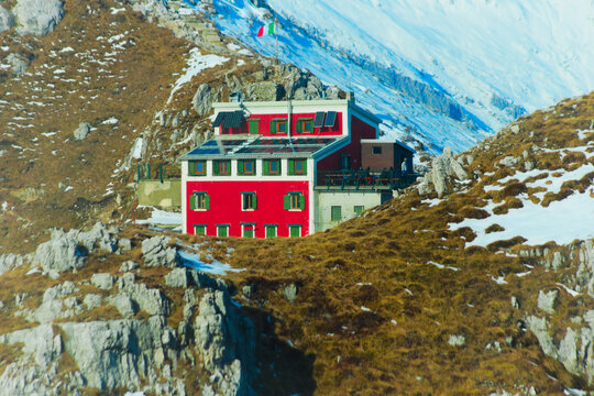 Rifugio Azzoni (Azzoni Alpine hut) near the top of mount Resegone. Orobie Alps, Lombardy, Italy