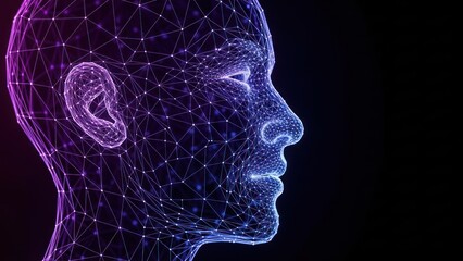 Digital mesh human profile with neon glow against black