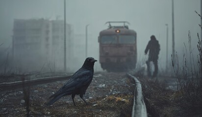 Mysterious Encounter on the Tracks: A lone raven perched in the foreground surveys a misty railway scene, where a train emerges from the fog alongside a silhouetted figure.