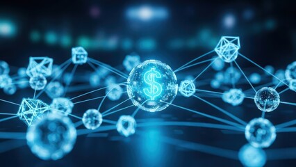 Digital network with glowing dollar symbol at center, connecting nodes