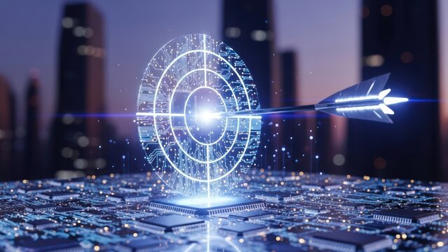 Digitally rendered bullseye with an arrow piercing it, set against a cityscape backdrop - Powered by Adobe