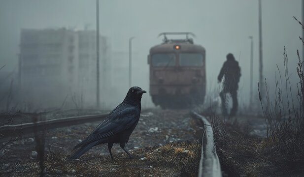 Mysterious Encounter on the Tracks: A lone raven perched in the foreground surveys a misty railway scene, where a train emerges from the fog alongside a silhouetted figure. - Powered by Adobe