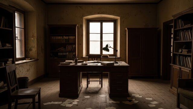 Dimly lit old study with antique desk, scattered papers, and bookshelves