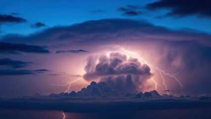 Dramatic thunderhead erupts with powerful lightning strikes at dusk