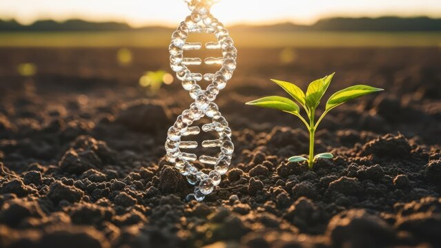 DNA helix hovers over young plant in fertile soil at sunrise - Powered by Adobe