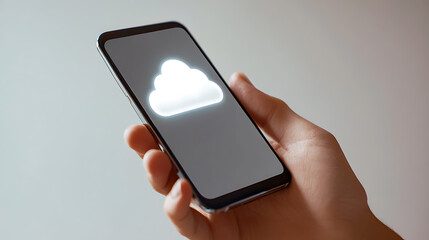 Hand holding a mobile device displaying a cloud icon, symbolizing data storage and technology integration. The cloud signifies digital services and connectivity.