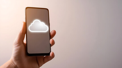 Cloud Services at Your Fingertips: Hand holding a mobile phone with a cloud icon, symbolizing accessible data storage, connectivity, and easy access to information.