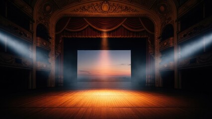 Empty ornate theatre stage illuminated by spotlights, with a projected scene